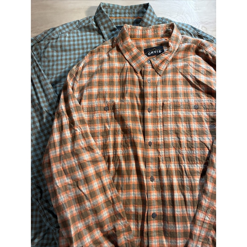 Lot of‎ 2 Orvis Mens Active fit Shirt XXL Plaid Tech Flannel Gingham Fishing